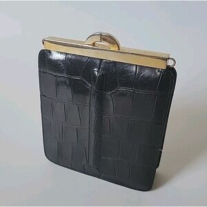 Joan and David Structured Clutch Bag Black Crock Embossed Leather Glam